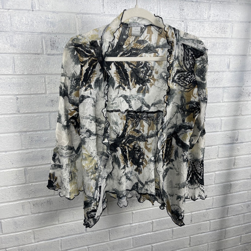 Alberto Makali Floral‎ Crinkle Open Front Top Womens M Artsy Boho Maximalist